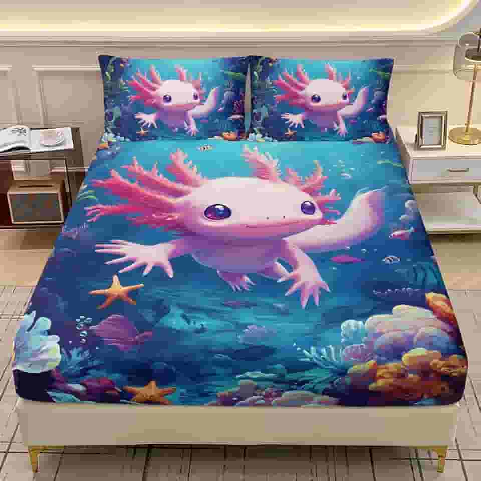 AILONEN Jogo de lençol Queen com desenho animado axolotl, animais marinhos subaquáticos do mundo subaquático, para meninos e meninas, lençol com elástico colorido com tema de oceano com 2 fronhas, 3