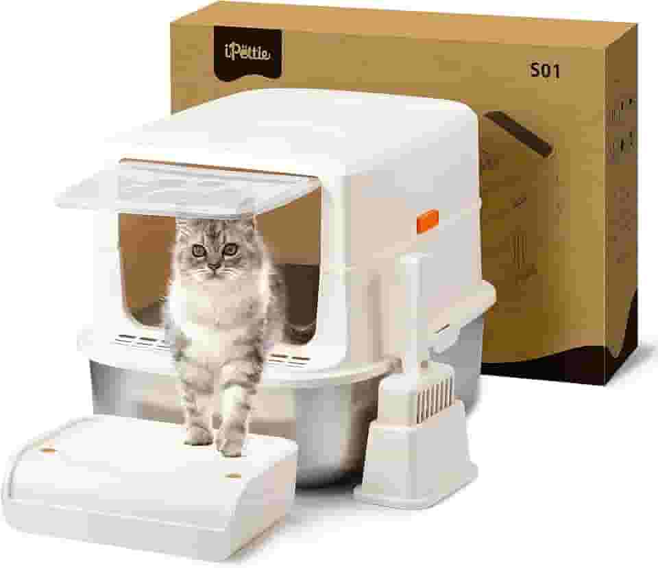 iPettie S01 Caixa de areia grande de aço inoxidável 20L, filtro de carvão à prova de cheiro que reduz o odor, caixa de areia fechada com colher de areia para gatos, fácil de limpar, caixa de areia de