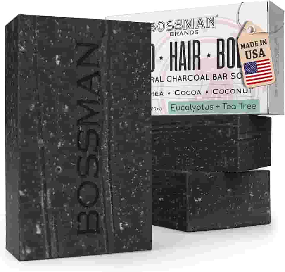Bossman Pacote com 3 sabonetes de carvão 4 em 1 (113 g) – Sabonete em barra para homens – Lavagem de barba totalmente natural, xampu, sabonete corporal e solução de barbear – Perfume de eucalipto e