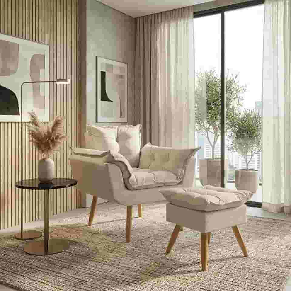 Kit Poltrona Decorativa Confortável Para Sala Recepção Manicure com Puff Para Quarto Penteadeira Closet Quadrado Tecido Suede (Bege)