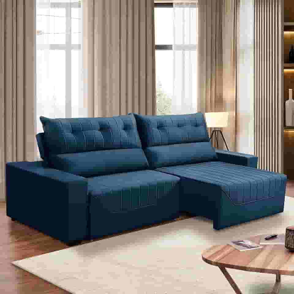 Sofá Retrátil e Reclinável 5 Lugares 3,00m Antonella Veludo Azul Adonai Estofados