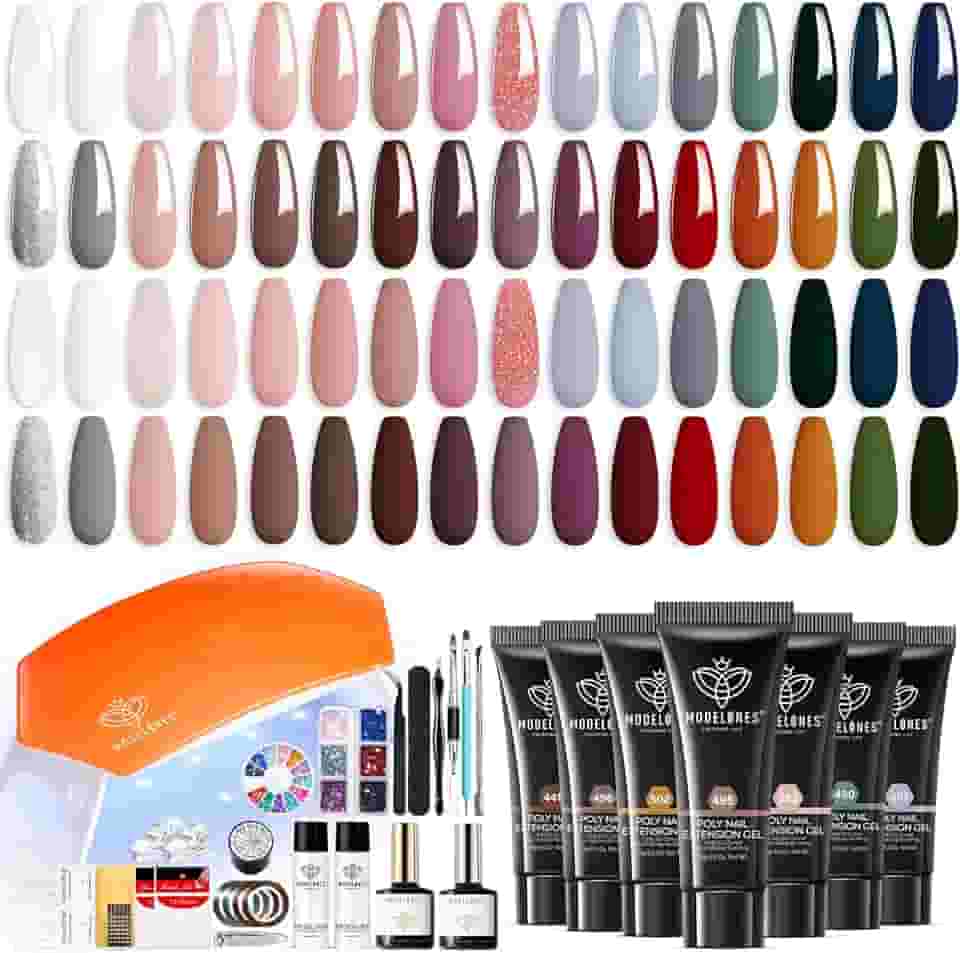Modelones Kit de unhas de gel Poly com 133 peças, 32 cores em tons terrosos, kit completo para extensão de unhas de gel com lâmpada de 8W, solução de deslizamento, ferramentas para iniciantes em salão de beleza