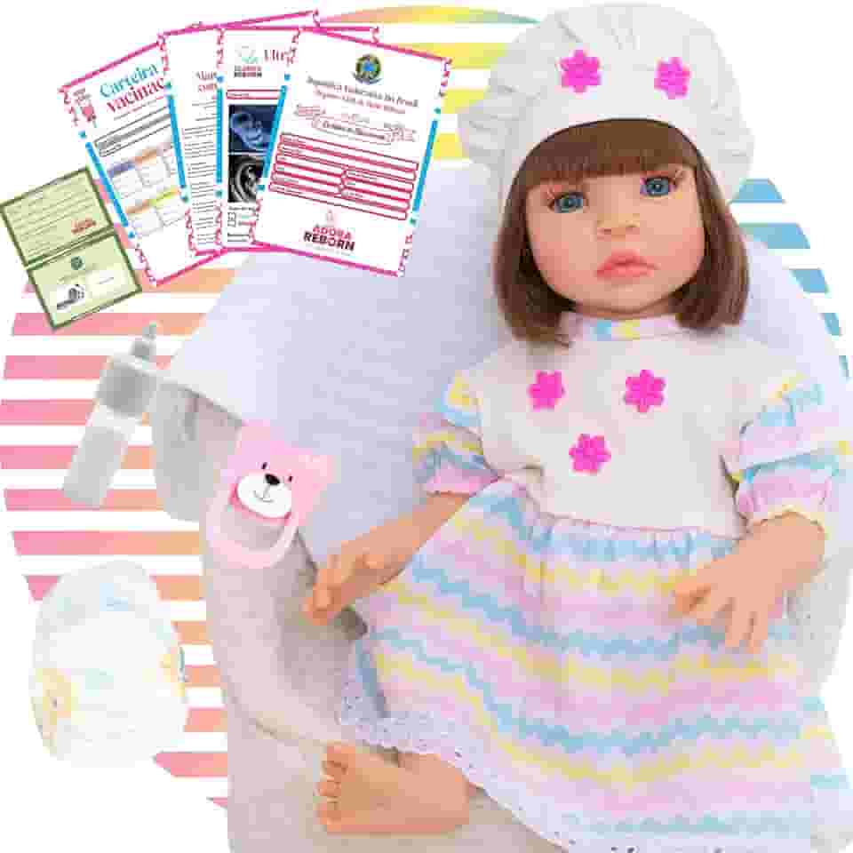 Boneca Bebê Reborn Menina Realista em Silicone com Roupinha e Acessórios Inclusos 45 cm (Arco-íris)