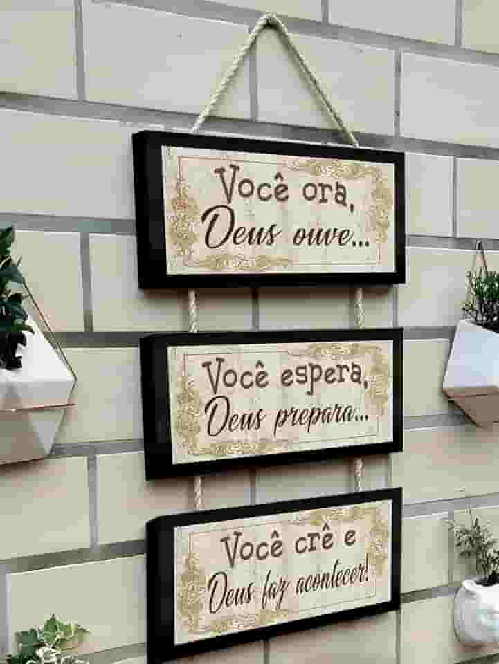 Kit 3 Quadros Decorativos com Molduras Pretas e Cordas, Frases Inspiradoras em Português (Ora 2)