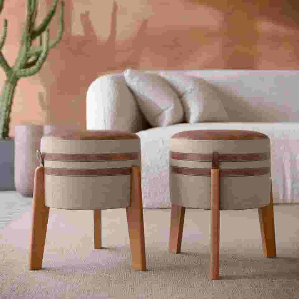 Kit 2 Puff Puf Couro E Linho Pés Em Madeira 45x32 Pix