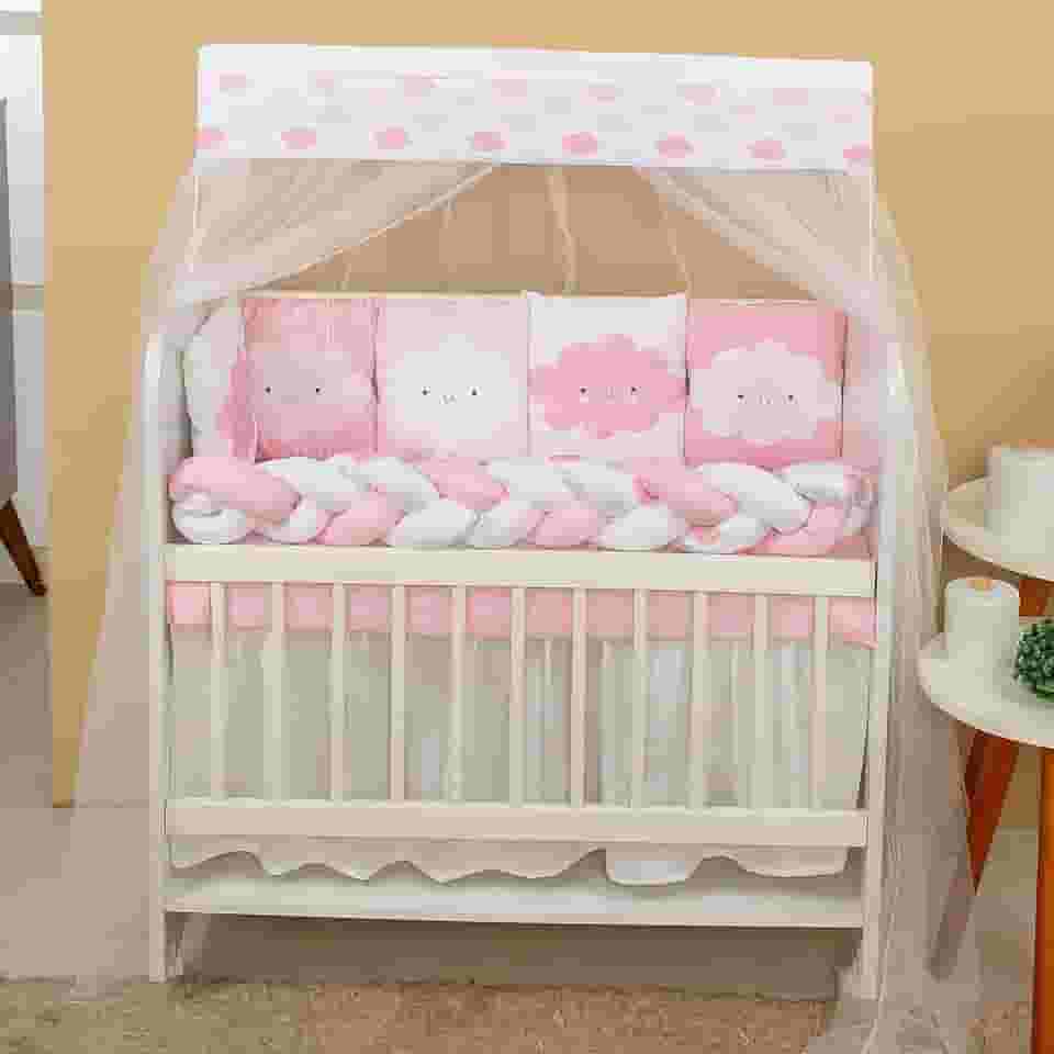 Kit 12 Peças Protetor e Saia de Berço Nuvem Chuvinha Enxoval para Bebê