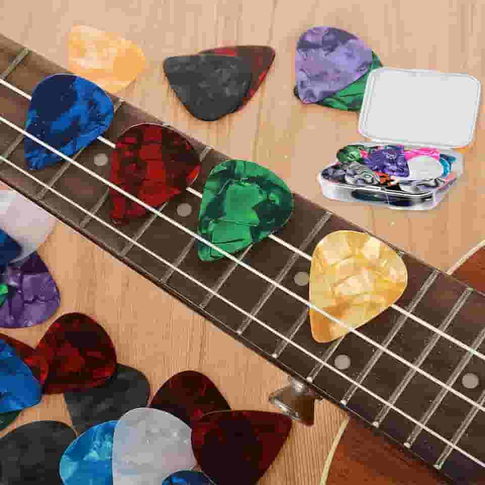 Conjunto de palhetas de guitarra de 0,71 mm, pacote com 20 – ABS cores mistas com suporte de palheta, para guitarra acústica e elétrica