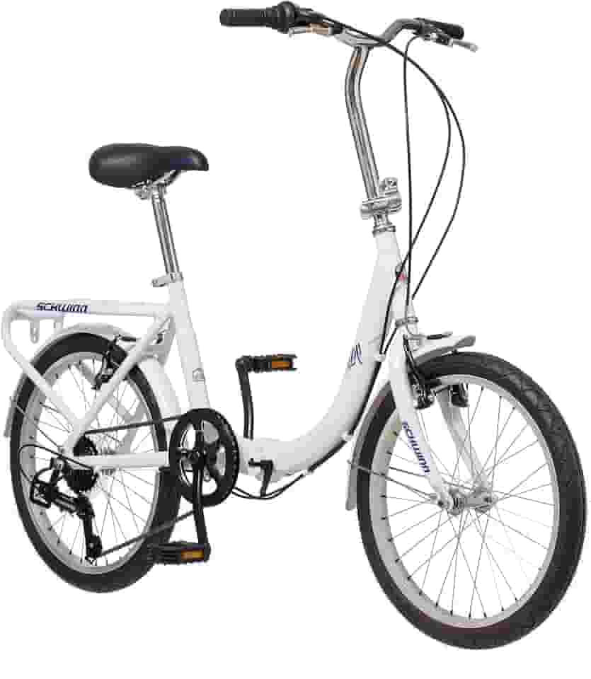 Schwinn Bicicleta dobrável, preta, titânio ou branca, bicicleta de 50 cm para adultos e crianças, 7 velocidades, estrutura dobrável de alumínio leve, suporte traseiro integrado, freios lineares