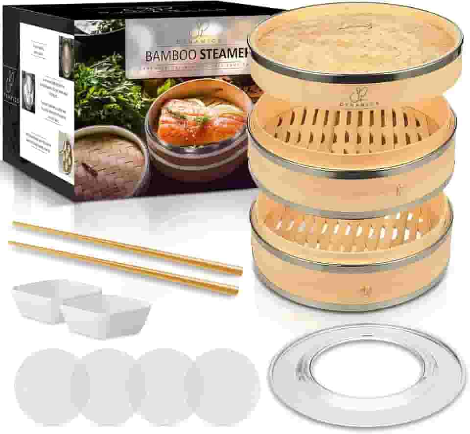 Conjunto de Cesta de Vapor de Bambu Cozinha Chinesa Cesta de Vapor de Vegetais de 10' e 2 Camadas para Cozinhar com Pauzinhos, Pratos de Molho e Forros Reutilizáveis - Cestas de Vapor de B