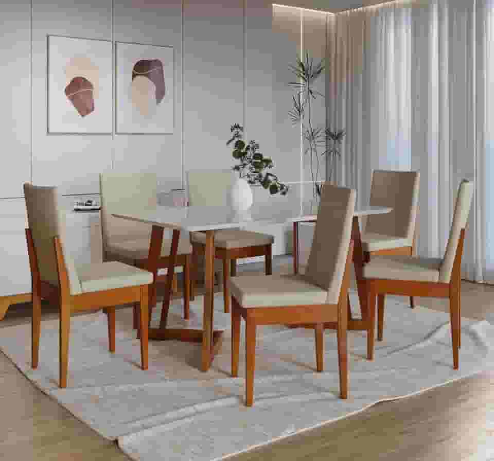 Conjunto Sala de Jantar 6 Lugares Madeira Mesa California e Cadeira Dakota Tecido A40 Móveis Meneghetti Caramelo