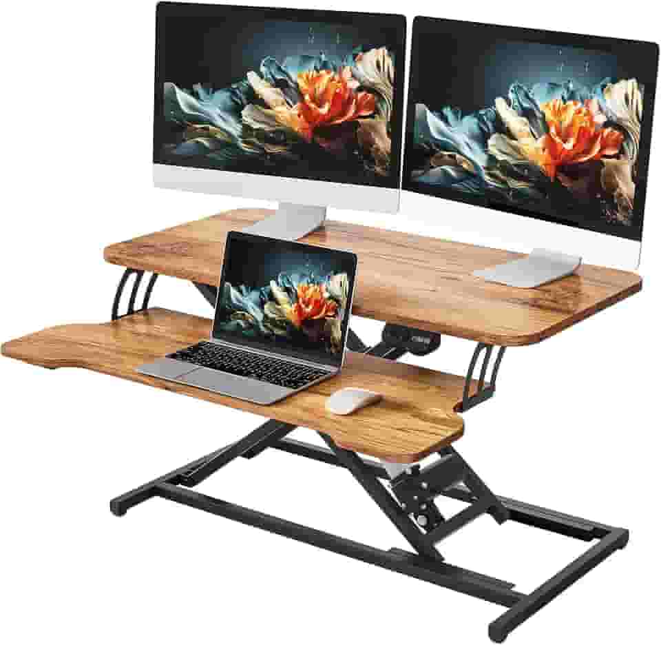 YIHAYO Conversor elétrico de mesa de 81 cm, elevação de mesa ajustável para sentar para ficar em pé, suporte rápido para mesa, monitor duplo com bandeja de teclado, marrom rústico