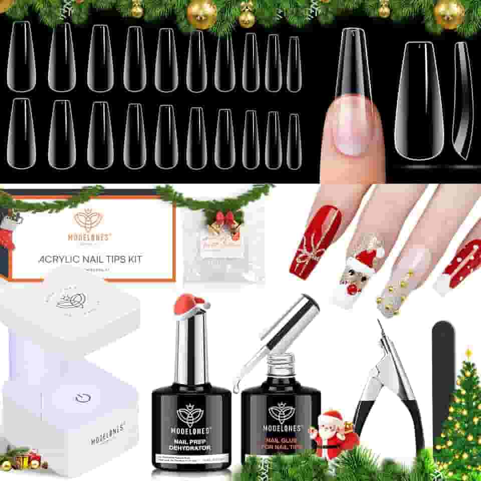 Kit Extensão de Unhas Gel Modelones com 510 Tips Coffin, Lâmpada LED, Desidratador e Cola, 9 em 1