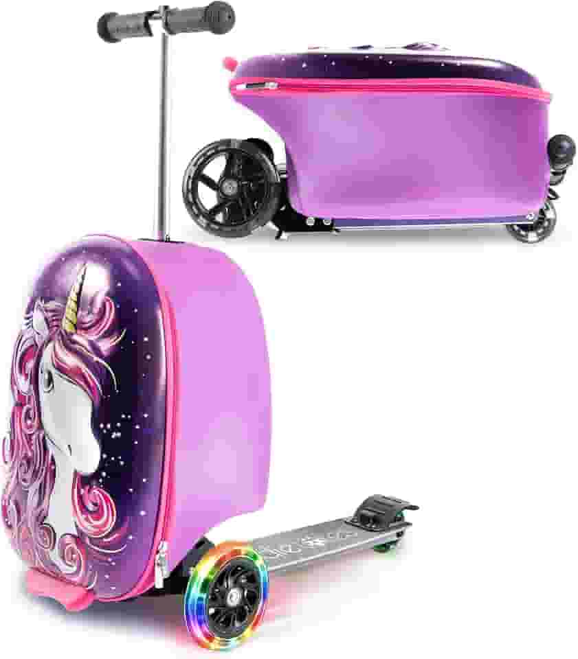 Kiddietotes Carry-on Scooter Crianças Suitcase for Girls - Unicórnio crianças Suitcases para meninas com rodas que Light Up - Idade 4+ Crianças rolamento bagagem para tornar a viagem mais fácil para você e seus filhos