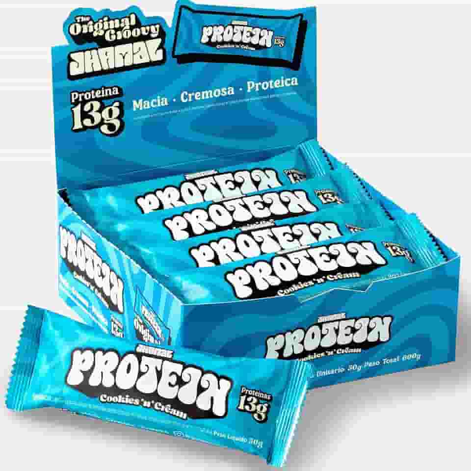 JHAMAL Barra de Proteína Vegan Cookies n’ Cream - Cremosa, Rica em Proteínas, Saudável - Vegana - Sem Glúten, Sem Adição de Açúcar, Sem OGM - Caixa com 12 un, 600g