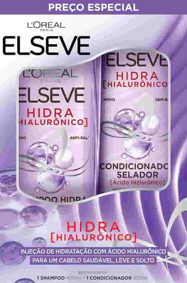 L'Oréal Paris Elseve Kit Shampoo e Condicionador Hidra Hialurônico, com Ácido Hialurônico, Ação Preenchedora, 4x Mais Hidratação e 7x Mais Força, com 400ml cada