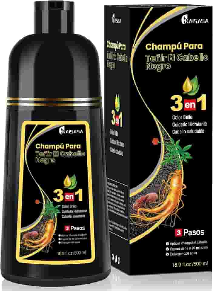 Shampoo Colorante KAISASA 3 em 1 para Cabelos Grisalhos, Preto, Efeito Semipermanente, com Óleo de Argan e Cúrcuma