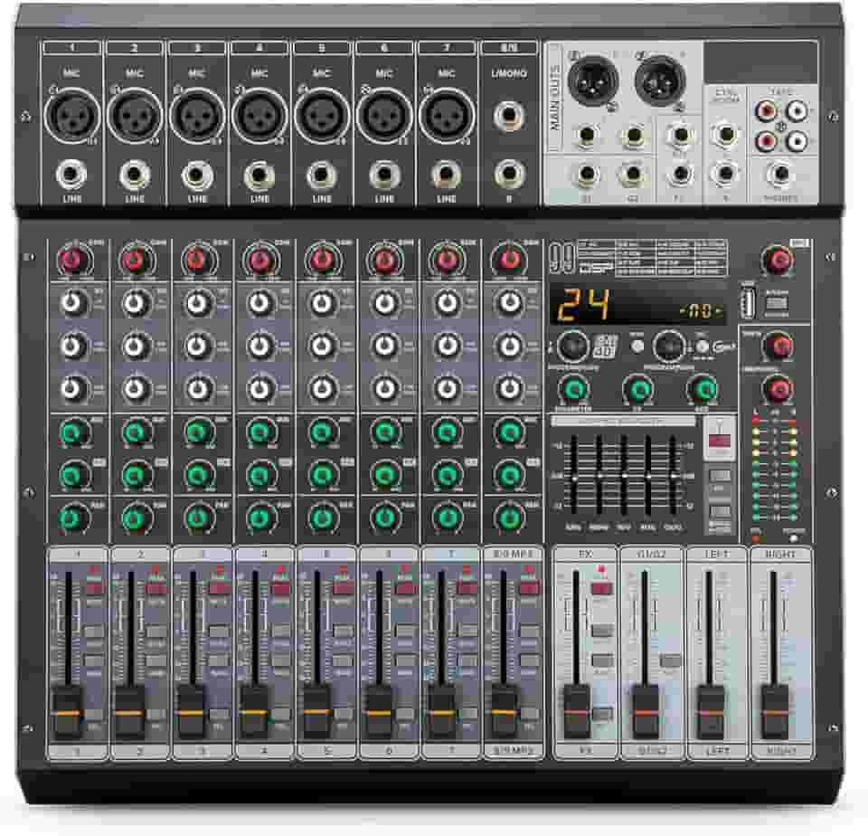 Mesa de Som de 9 Canais com Bluetooth, Reprodutor/Gravador de MP3, 99 Efeitos Digitais, Phantom Power, Equalizador de 3 Bandas - Mesa de Mixagem Profissional para Som ao Vivo, Estúdio e Karaokê