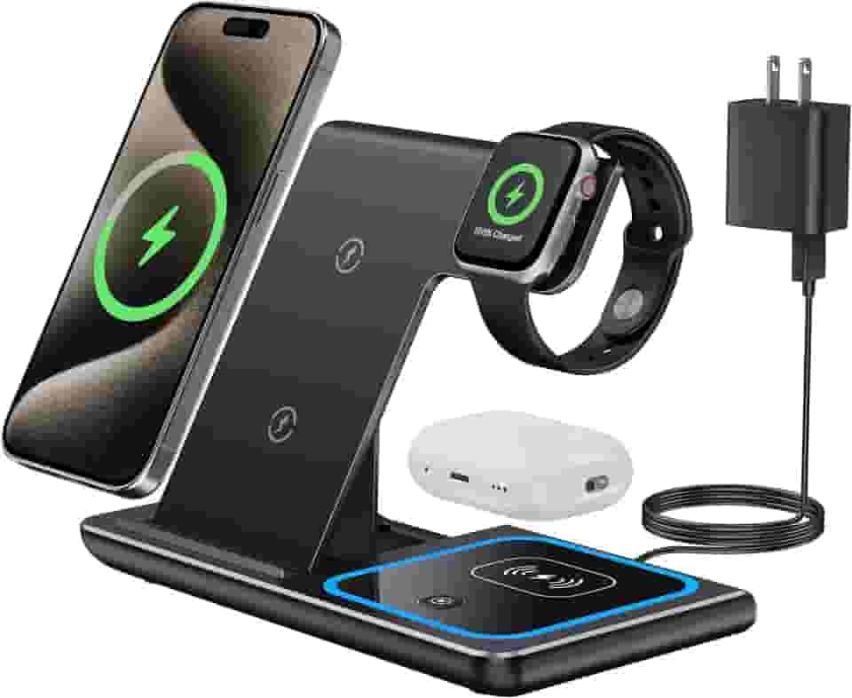 QTlier Carregador sem fio, dobrável, 3 em 1, estação de carregamento rápido de 15 W com certificação Qi para AirPods/Apple Watch se/6/5/4/3/2/1, suporte de carregamento para iPhone 12/11/11pro/X/XS/XR/Xs Max/8/8 Plus/Samsung (preto)