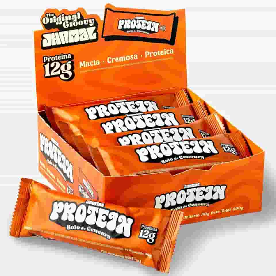 JHAMAL Barra de Proteína Vegan Bolo de Cenoura - Cremosa, Rica em Proteínas, Saudável - Vegana - Sem Glúten, Sem Adição de Açúcar, Sem OGM - Caixa com 12 un, 600g