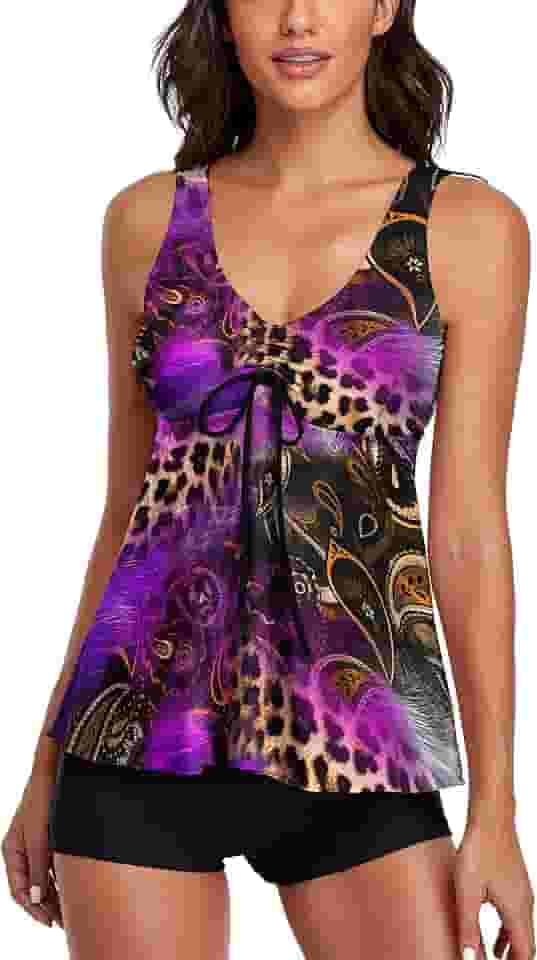 Tanquíni modesto para mulheres, duas peças, regata com boyshort, roupa de banho com controle de barriga