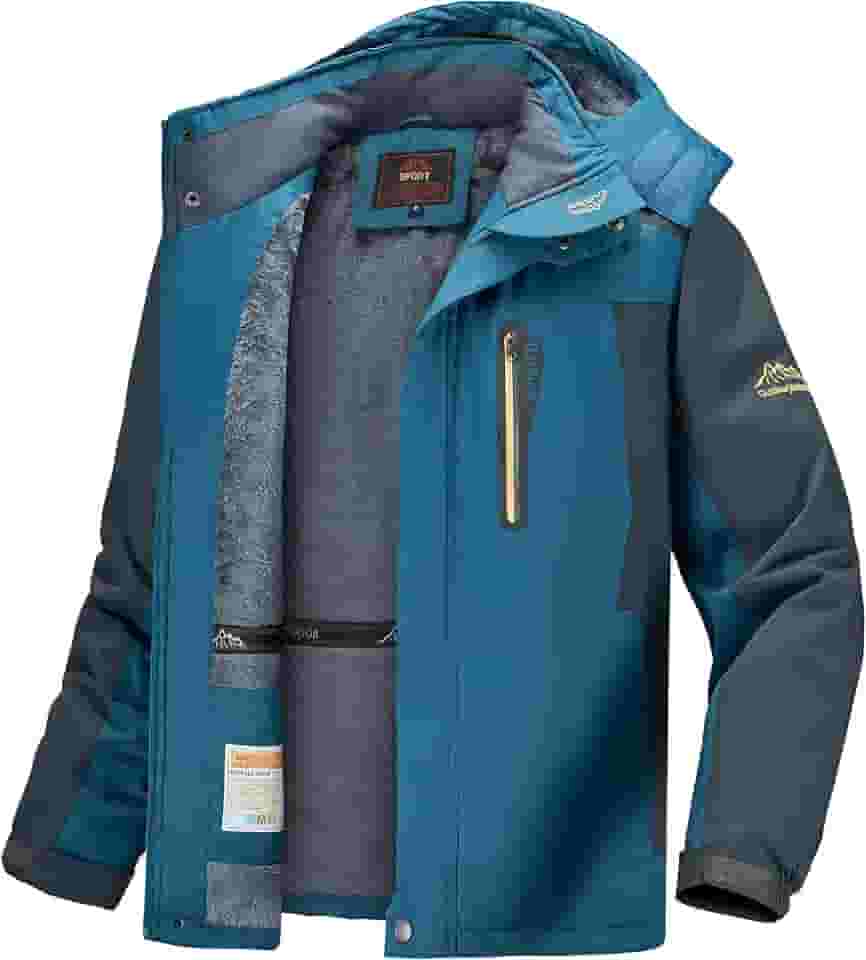 Jaqueta masculina de esqui de inverno, quente, impermeável, com forro de lã, casaco de neve com capuz e à prova de vento