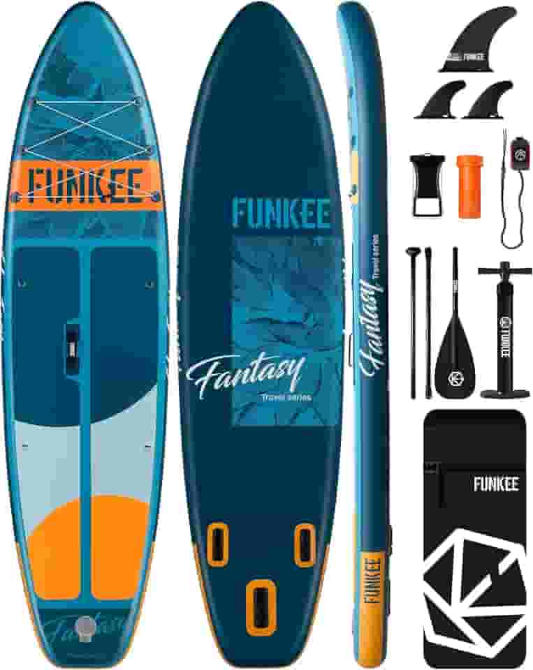 FUNKEE Prancha de stand up paddle inflável extra larga de 11'×34'×6', prancha de sup com barbatanas removíveis, mochila, remo flutuante, trela de segurança, capa de telefone flutuante para a