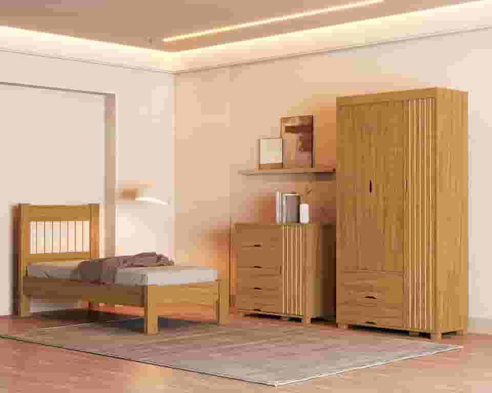 Jogo de Quarto Bela com Roupeiro, Cômoda e Cama Solteiro. (Nature)