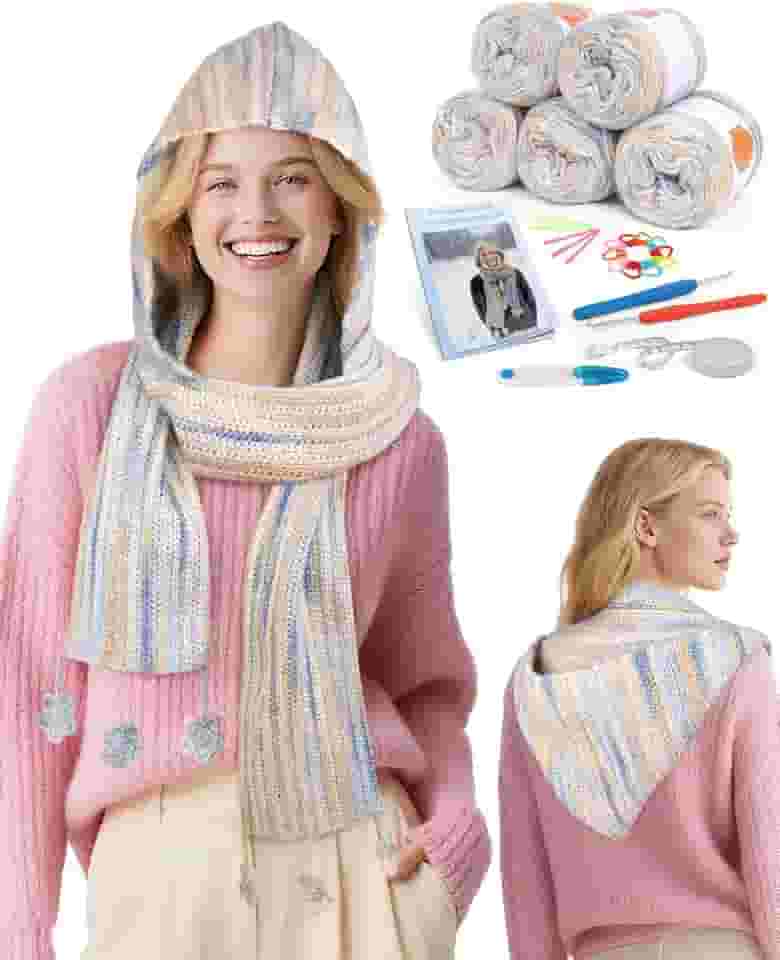 Coopay Kit de crochê para iniciantes, kits de crochê para adultos e crianças – 4 pontos básicos para completar cachecol com capuz, perfeito para crochê cachecol com capuz com instruções passo a passo