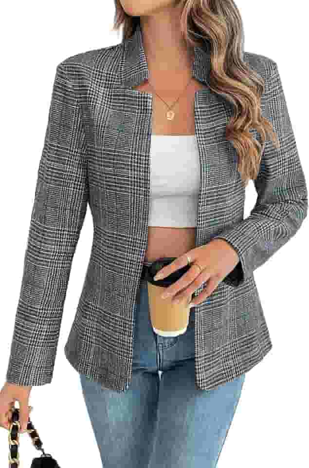 ELLEVEN Blazer feminino xadrez aberto na frente com gola alta para trabalho casual