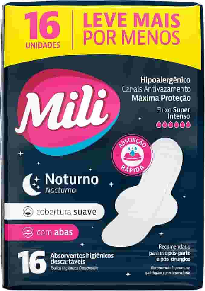 Absorvente Externo Mili com Abas Noturno, Cobertura Suave, Fluxo Super Intenso, 16 Unidades