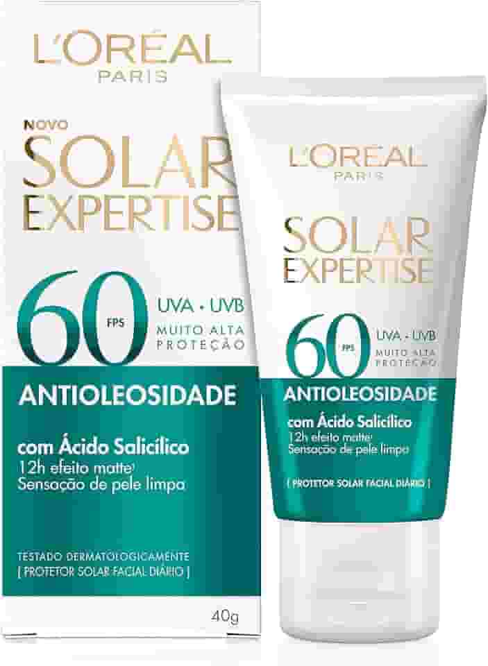 L'Oréal Paris Solar Expertise Protetor Solar Facial Antioleosidade FPS60 Efeito Matte com Ácido Salicílico, Alta Proteção de Amplo Espectro, Sem Cor, 40g