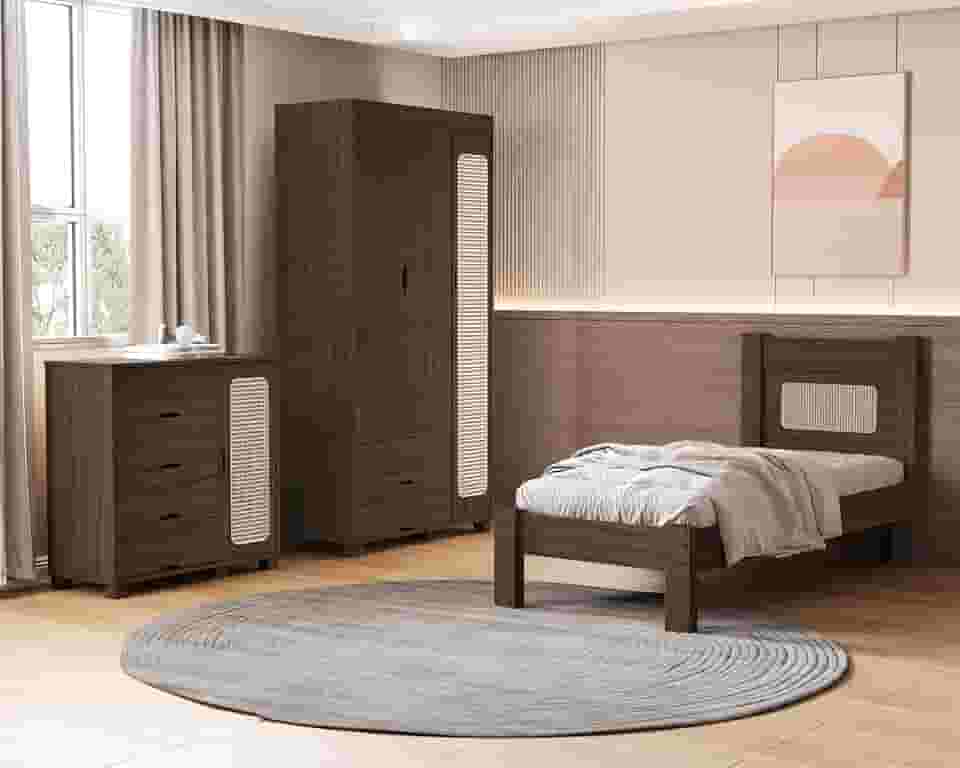 Quarto Completo Solteiro Clara Com Cômoda Roupeiro e Cama. (Chocolete)