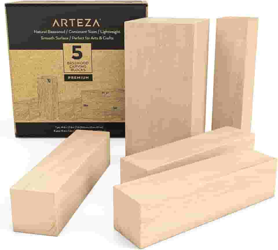 ARTEZA Blocos de talha de tília, conjunto de 5, um 10 x 5 x 5 cm e quatro 10 x 2 cm, blocos de madeira para esculpir, artesanato, talhar