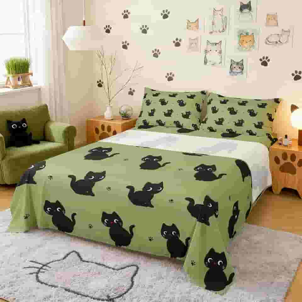 Jogo de lençol kawaii para crianças, estampa de pata de gato, tema de animais de estimação, decoração de casa com bolso profundo, lençol de cima, tamanho solteiro
