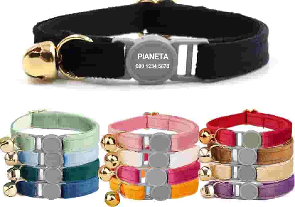 Coleira personalizada para gatos com fivela de segurança - nome e número de telefone gravados, coleira personalizada para animais de estimação com sino para cães pequenos e filhotes (preta, G (20 a 33