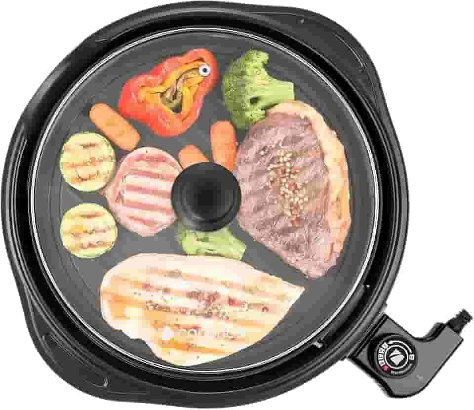 Grill Elétrico Redondo Premium, Preto, Antiaderente, Com Tampa de Vidro, Temperatura Ajustável, Base Coletora de Gordura, Ideal para Grelhar, Fritar e Assar, 220V