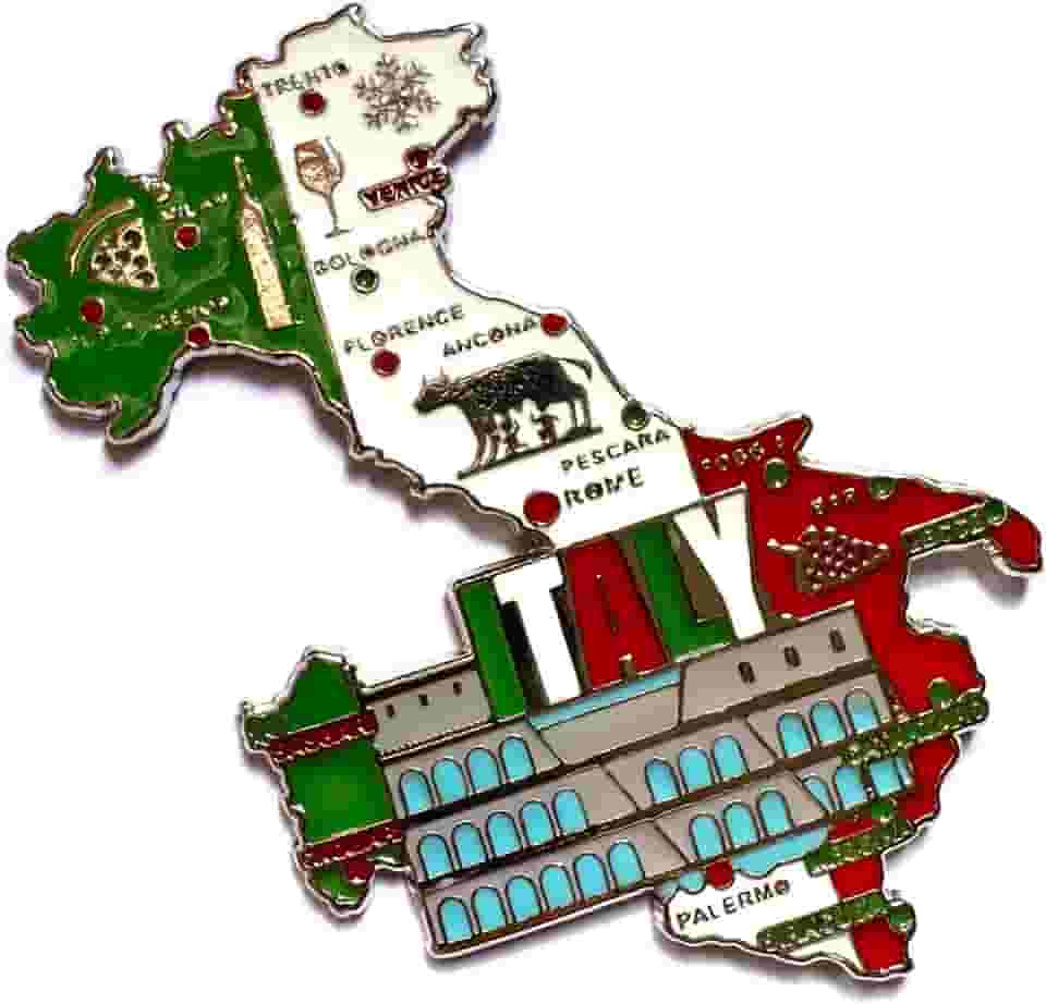 Imã Geladeira Italia de Metal com Mapa, Bandeira e Símbolos Roma Veneza Milão