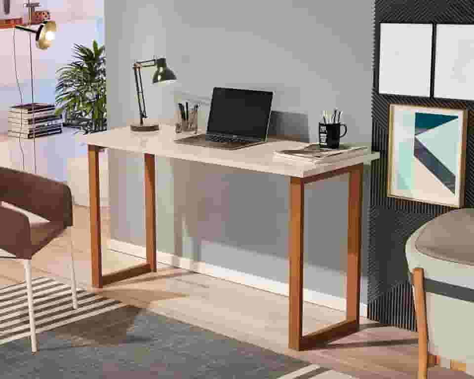 Mesa de Estudo 76 cm pés Madeira para Casa Escritório Prática Tampo Off White