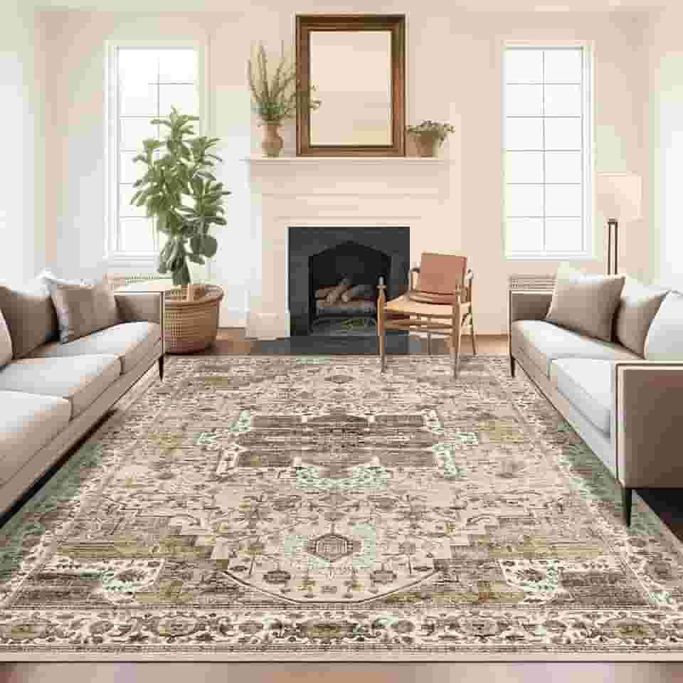 Roxstand Tapete 5x7, resistente a manchas, lavável à máquina, tapetes com suporte antiderrapante, tapetes boho persas vintage para quarto, sala de estar, tapete grande macio de pelo baixo (bege/marrom, 1,52 m x 18,7 m)