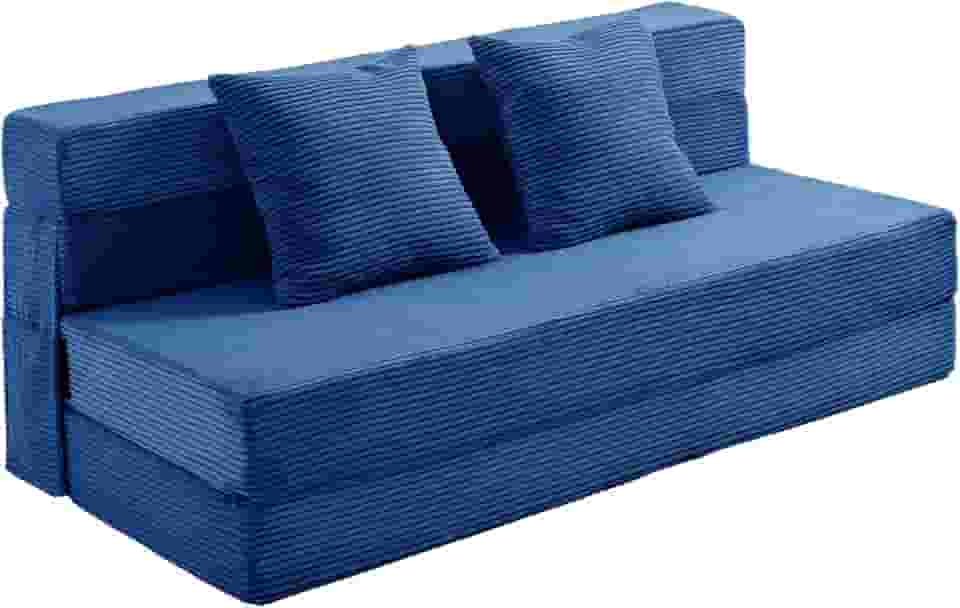 JKMAX Sofá-cama dobrável Queen Size - Cadeira conversível 4 em 1 com dois travesseiros - Sofá Futon de espuma viscoelástica de alta densidade - Cama dobrável para sala de estar e quarto (azul)