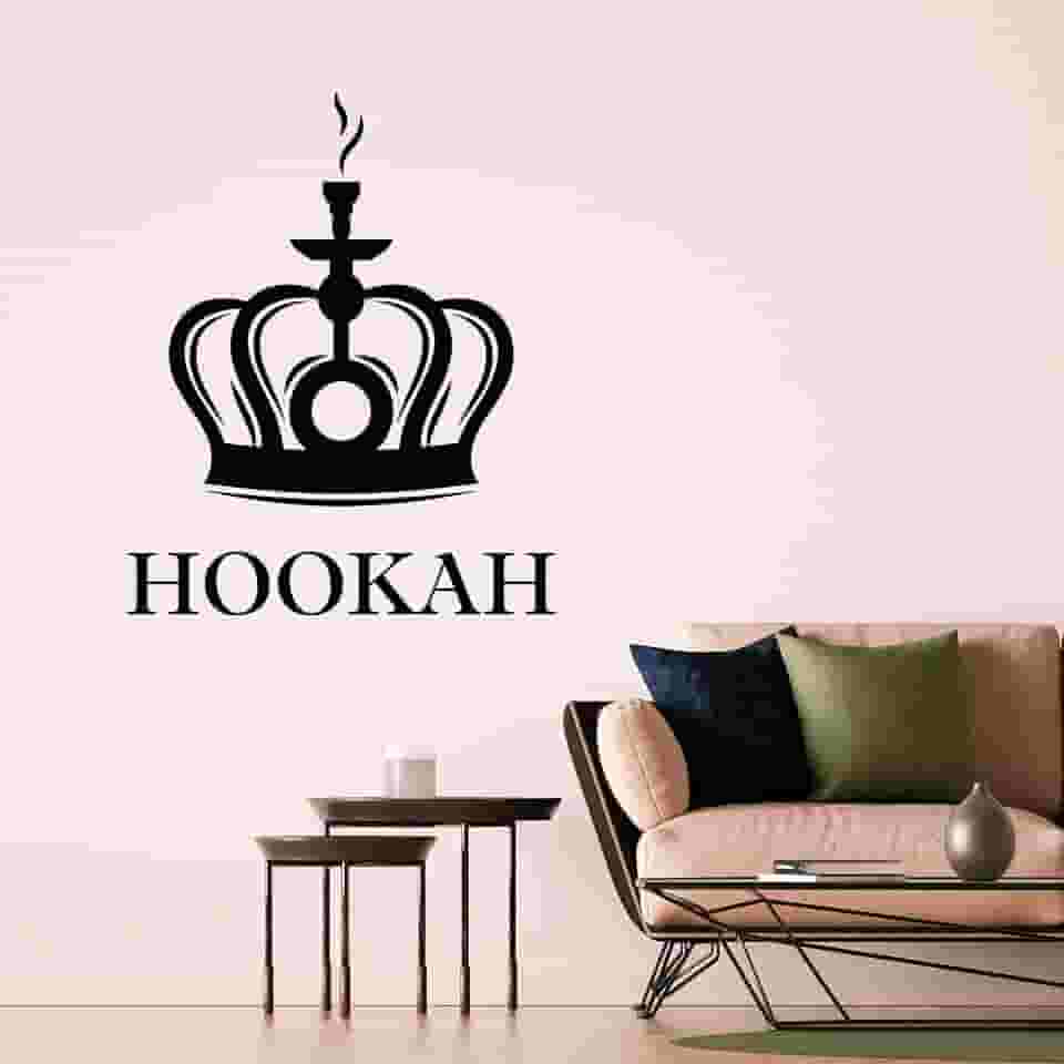 Decalque de parede de vinil logotipo narguilé coroa fumaça árabe café adesivos mural grande decoração (g8840) preto