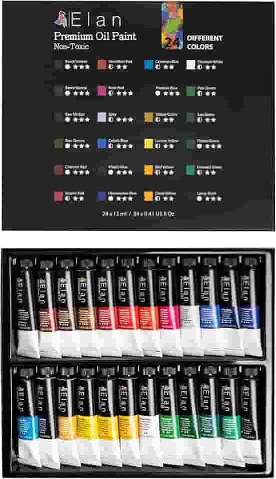 Elan Conjunto profissional de tinta a óleo, 24 mini tubos de cores vibrantes 12 ml, tintas a óleo não tóxicas para pintura em tela, tintas de arte para adultos e artistas