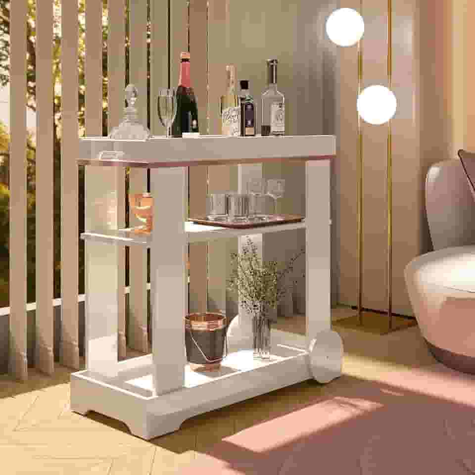 Bar Carrinho com rodízios e fita de borda metalizada ROSÉ cor Off White - Artely