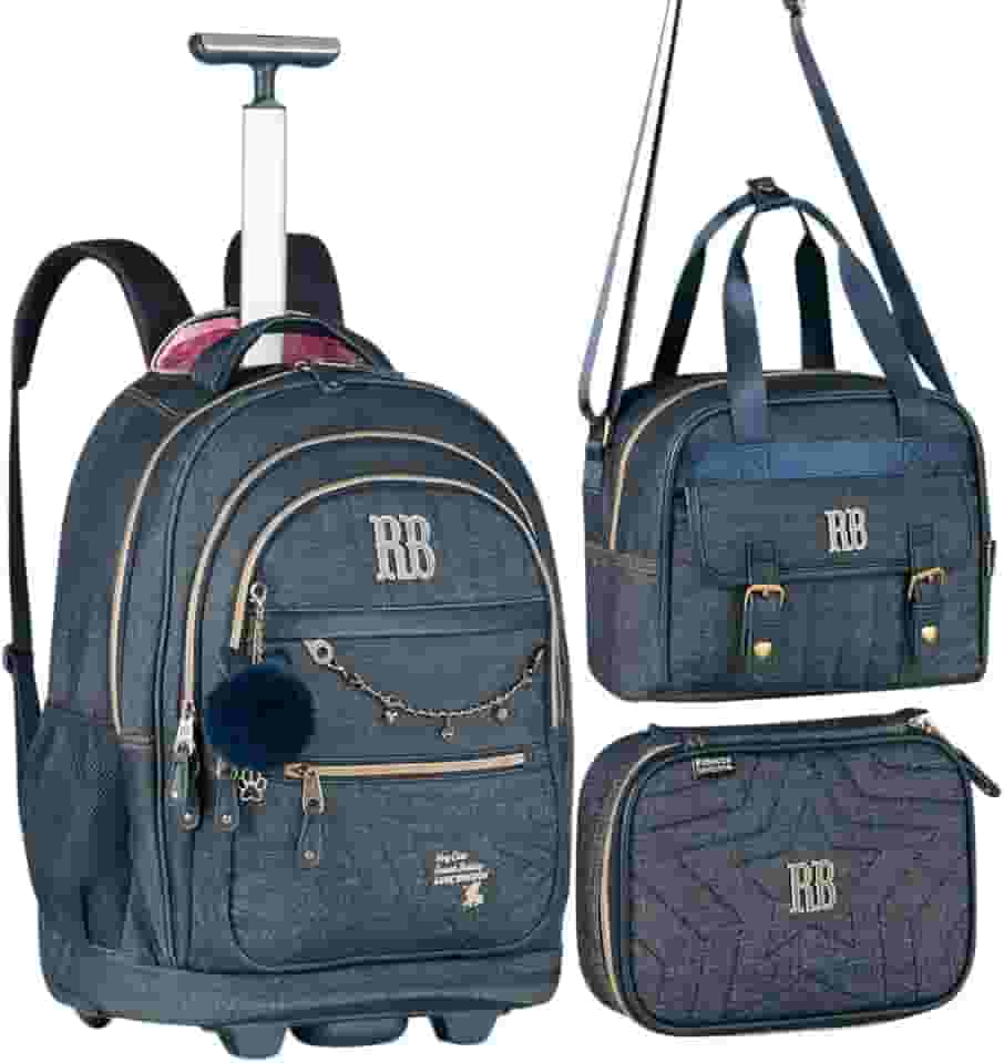 Kit Escolar Vintage Rebecca Bonbon, Mochila com Rodinha, Lancheira e Estojo, Jeans Azul, 3 Peças