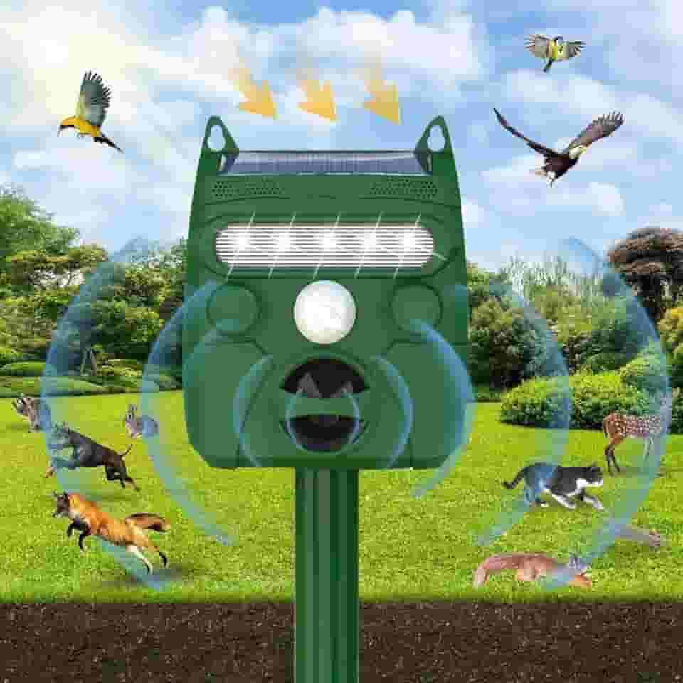 Repelente solar ultrassônico de animais, repelente de gatos ao ar livre, repelente de esquilos para cães, guaxinins, gambás, coelhos, raposas, veados, pássaros, etc. com detecção de movimento, LED