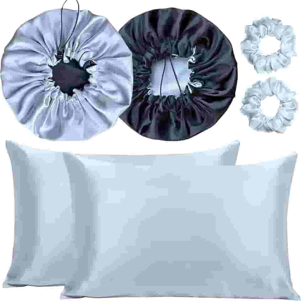 Kit 2 Fronha De Cetim Seda + 2 Toucas + 2 Xuxinhas (Prata/Preto)