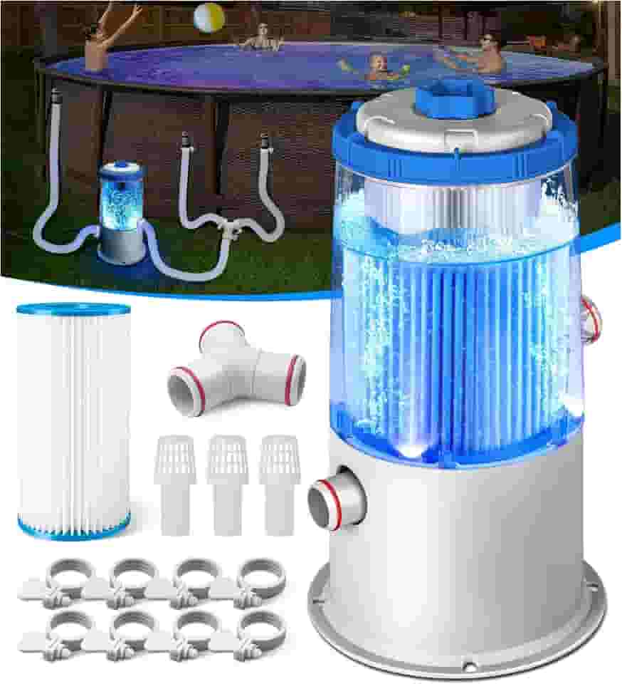 Bomba de filtro de piscina iluminada de 1000 GPH para piscinas acima do solo | Luz LED azul embutida, caixa transparente para monitor de circulação e filtragem de água em tempo real, sistema