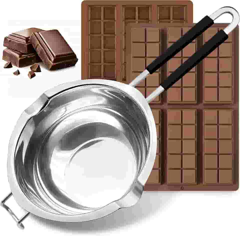 Panela de banho-maria dupla de 1200 ml/1,1 QT com 2 pacotes de moldes de barra de chocolate de silicone, panela de derretimento de chocolate de aço inoxidável com moldes de chocolate antiaderentes