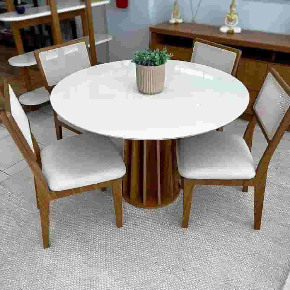 Dalla Costa, Conjunto Mesa de Jantar Redonda 4 Cadeiras Enconto Tela 100% MDF Branco/Bege Dalla Costa