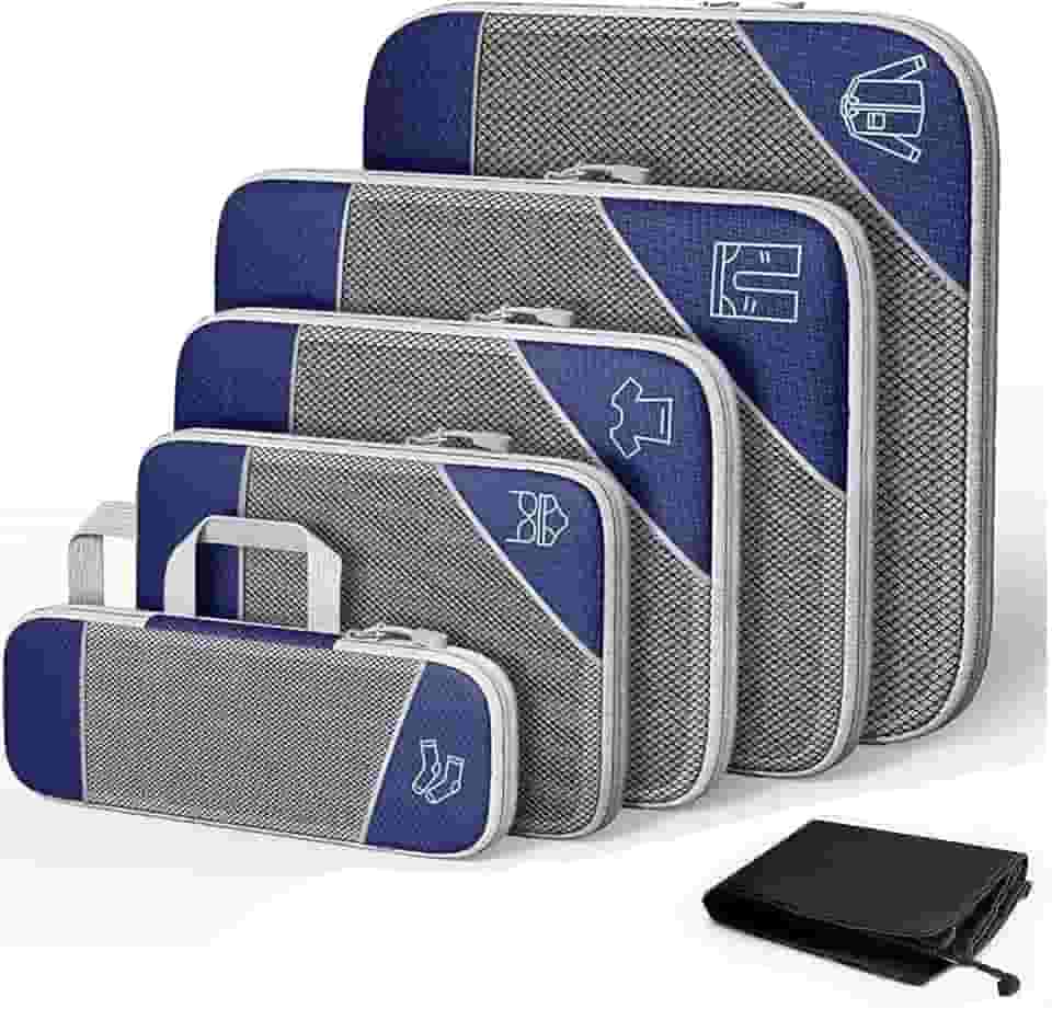 1 conjunto de cubos de embalagem de compressão para viagem expansível organizadores de embalagem,Organizador de Bagagem de Malha de mazenamento,6 peças (Azul-marinho)